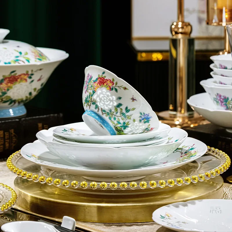 

DSA High White Porcelain Chinese Pastel Exquisite Tableware Set High Temperature Underglaze Color Tableware Dish Set Gift Box