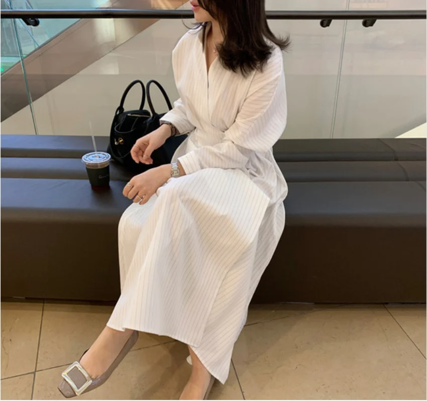 Elegant French Designer Spring White Striped Office Ladies Long Dress Women Lapel Collar One Button Shirt CasualVestidos Robe