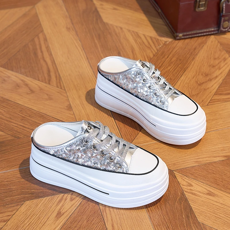 AUTUSPIN 7.5cm Sequined Cloth Shoes for Women Shiny Fashion Slippers Round Toe Ladies Platform Slides Shoes Outdoor Casual Tide