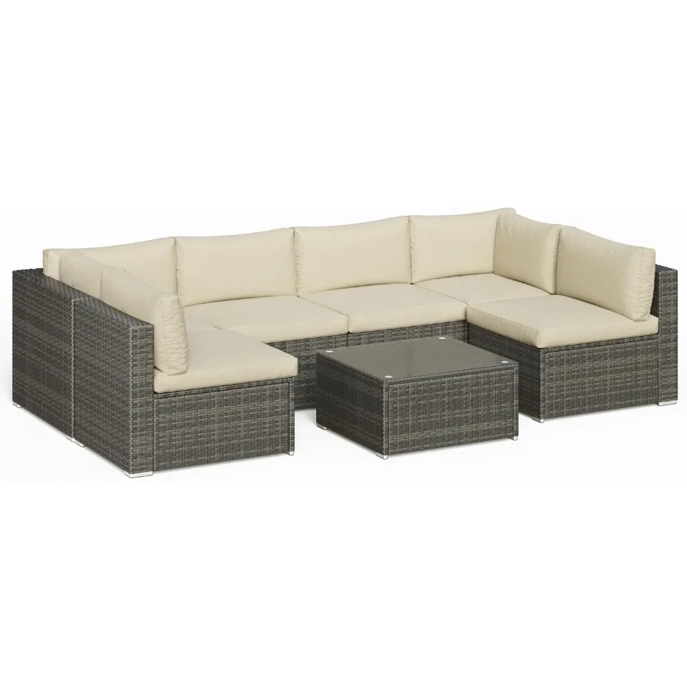 

7-Piece Modular Outdoor Sectional Wicker Patio Furniture Set with Coffee Table for Porch Balcony Backyard, Beige