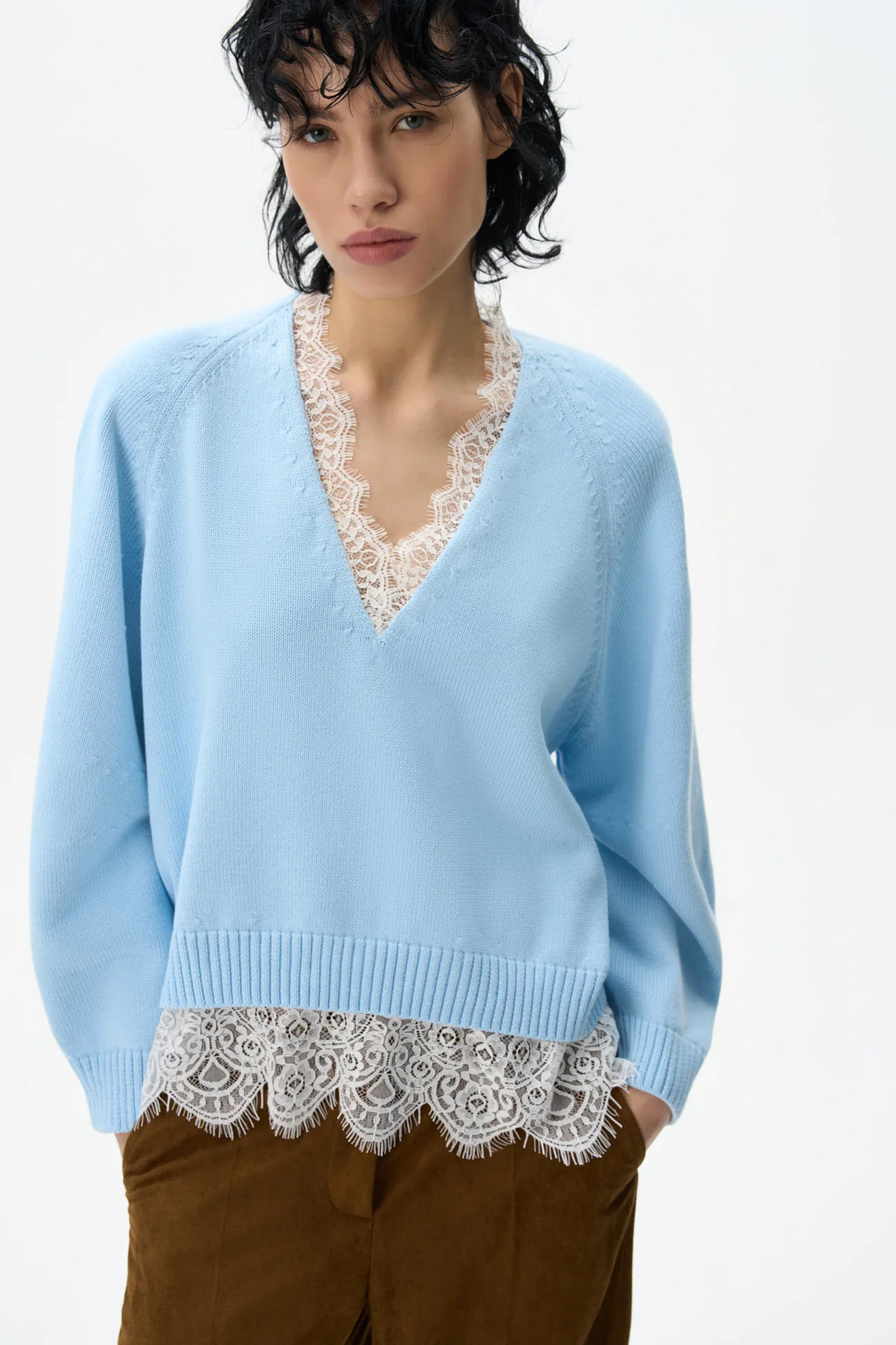CHIC Elegant Lace Patchwork Macaron Knit Sweaters Women Loose Casual Sexy V-neck Pullover Autumn Ladies Knitted Tops Female