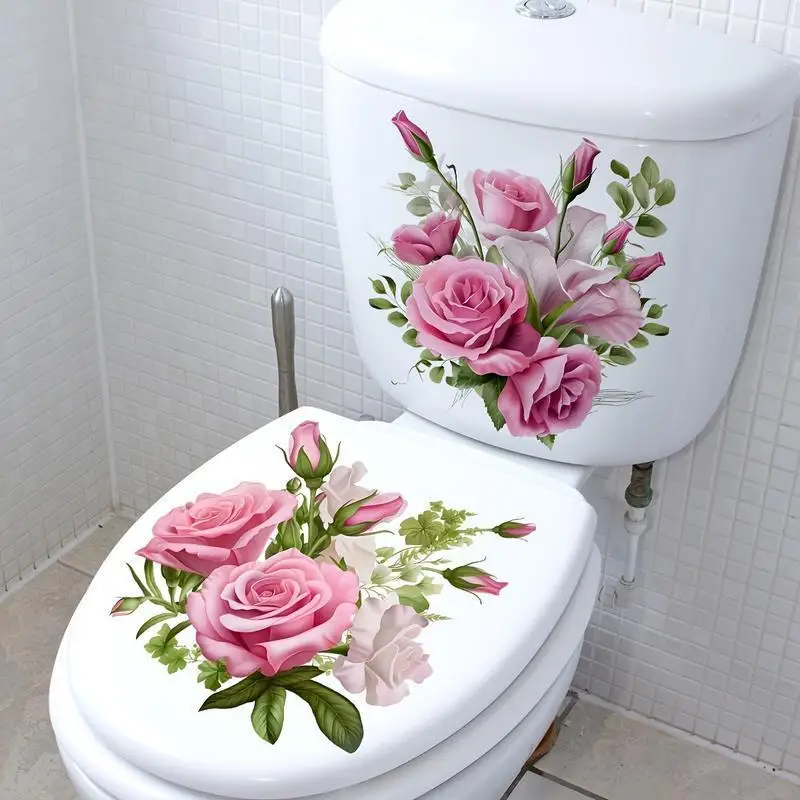 Pink Rose Toilet Seat Sticker Waterproof Self Adhesive Bathroom Toilet Lid Decal Floral Wall Decor Home Decoration