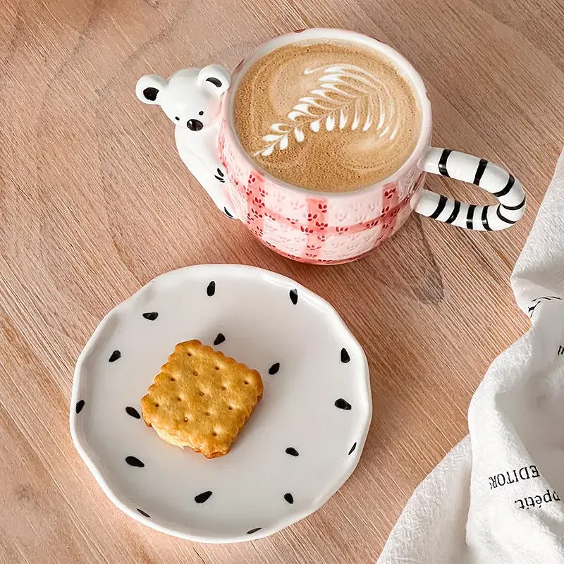 3D Embossed Koala & Rabbit Ceramic Coffee Cup Saucer Set,Hand Painted Cute Animal Mug,Romantic Couple Cup,Pet Style Tea Cup Gift