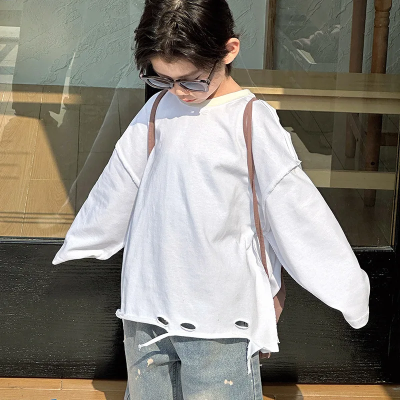 子供服-ボトムスシャツ-子供用-ダメージ加工-ホワイトトップ-長袖-子供用tシャツ-2025春夏新作
