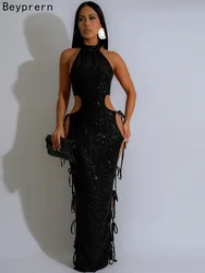 Beyprern Glitter Halter Neck Hollow Out Lace-Up Sequins Overlay Long Dresses Seduction Sleeveless Sequins Bandage Party Dresses