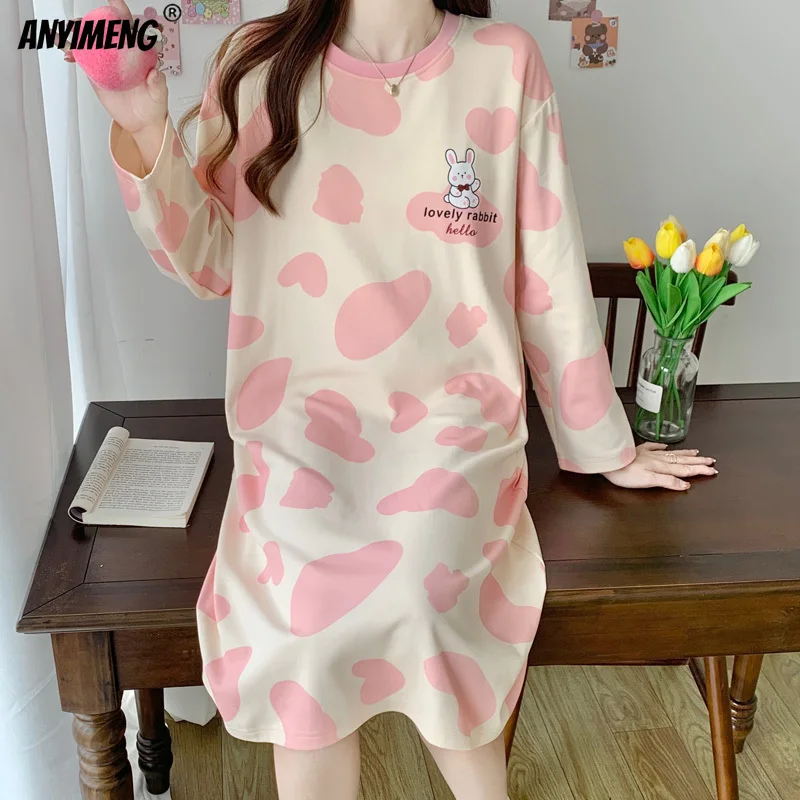 Women Nightgowns Autumn Spring New Long Sleeves Faux Cotton Sleepshirts O-neck Nightdress Casual Lady Long Gowns Milk Silk Dress