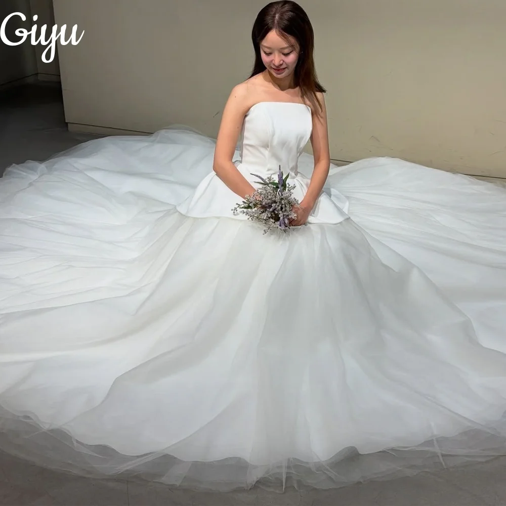 

Giyu Elegant Strapless A-line Wedding Dress Sleeveless Pleat Tulle Korea Photoshoot 2025 New Bridal Gown 웨딩드레스 Customized