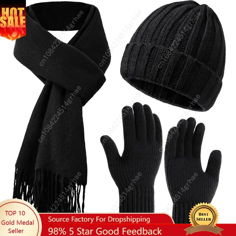 

Winter Hat Beanie Long Scarf Touchscreen Gloves Set, 3Pcs Soft Thick Fleece Lined Gloves Skull Cap Scarf Set for Women Men