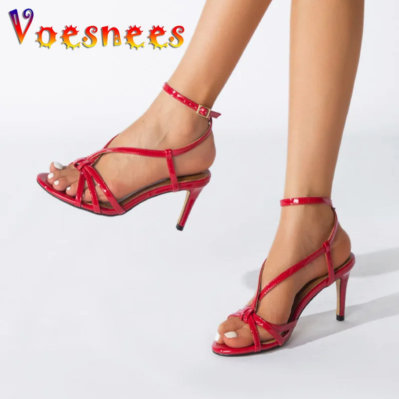 

Voesnees New Simple Style Thin Band Women Sandals Summer 8CM Hollow Out Fashion High Heels Red Dress Sexy Nightclub Woman Shoe