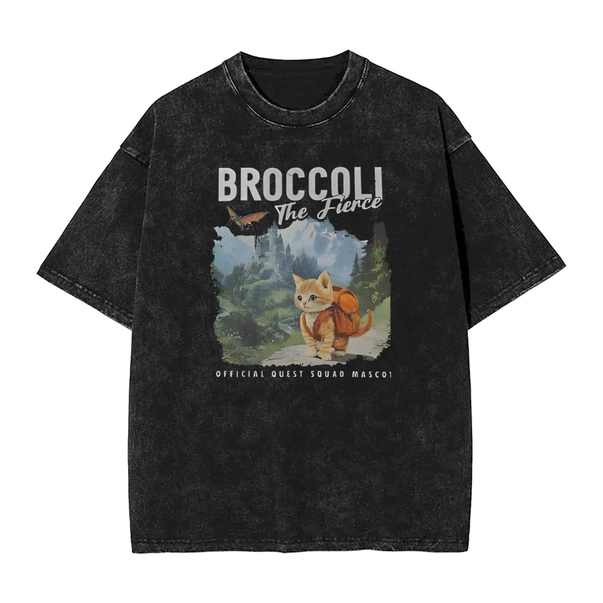 

Oversized Washed T-Shirt Quest Squad Broccoli Fantasy Funny Cat Cotton T-Shirts Trendy Cool Tshirt for Male Summer Y2K Top Tees