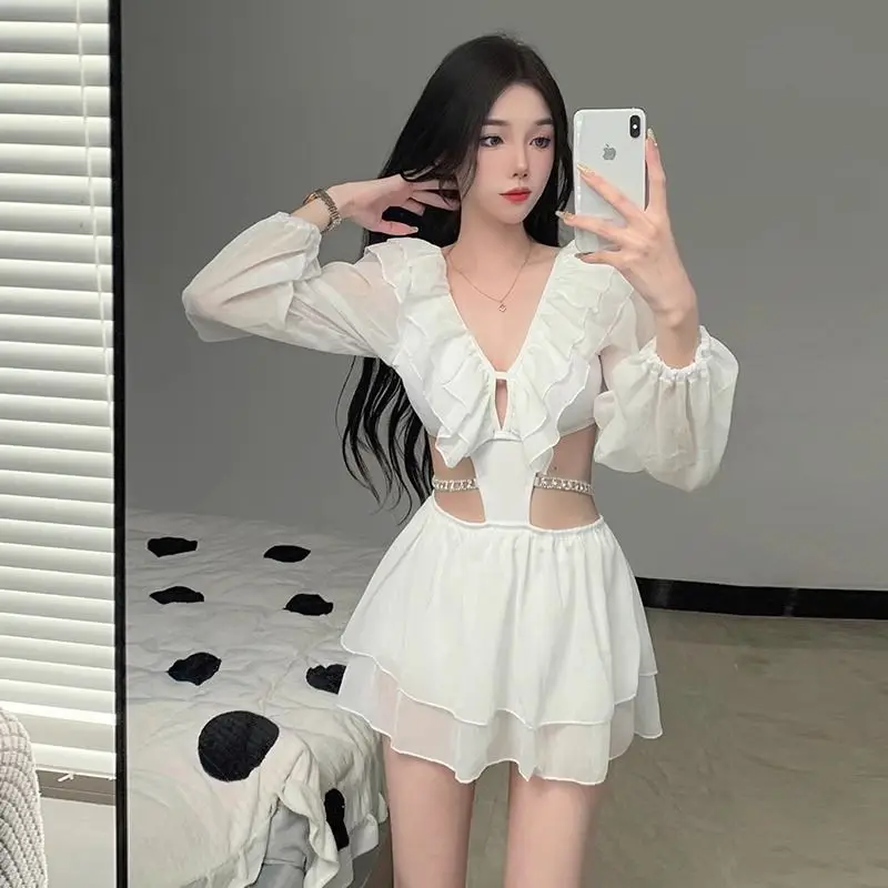 Traje de baño de manga larga con cuello en V para mujer, traje de baño de una pieza, Vestido de playa, traje de baño de vacaciones coreano