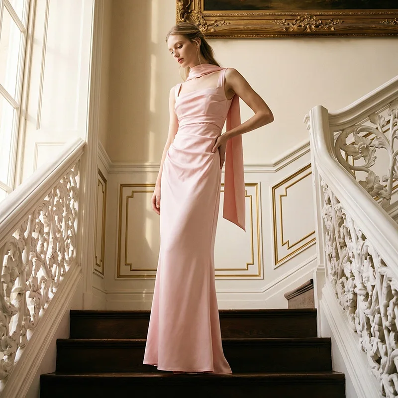 Sexy Pink Strap Pleated Slim Satin Long Dress Square Neck Backless High Waist Dresses Korean Style Commute Dress Daily Wear