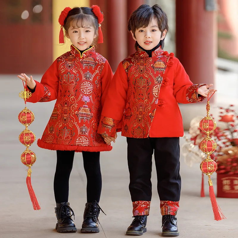 Winter Children New Year Clothes Kids Girls Dress Tang Suit Cheongsam Hanfu Dress Boys Red Jackets Tang Suit