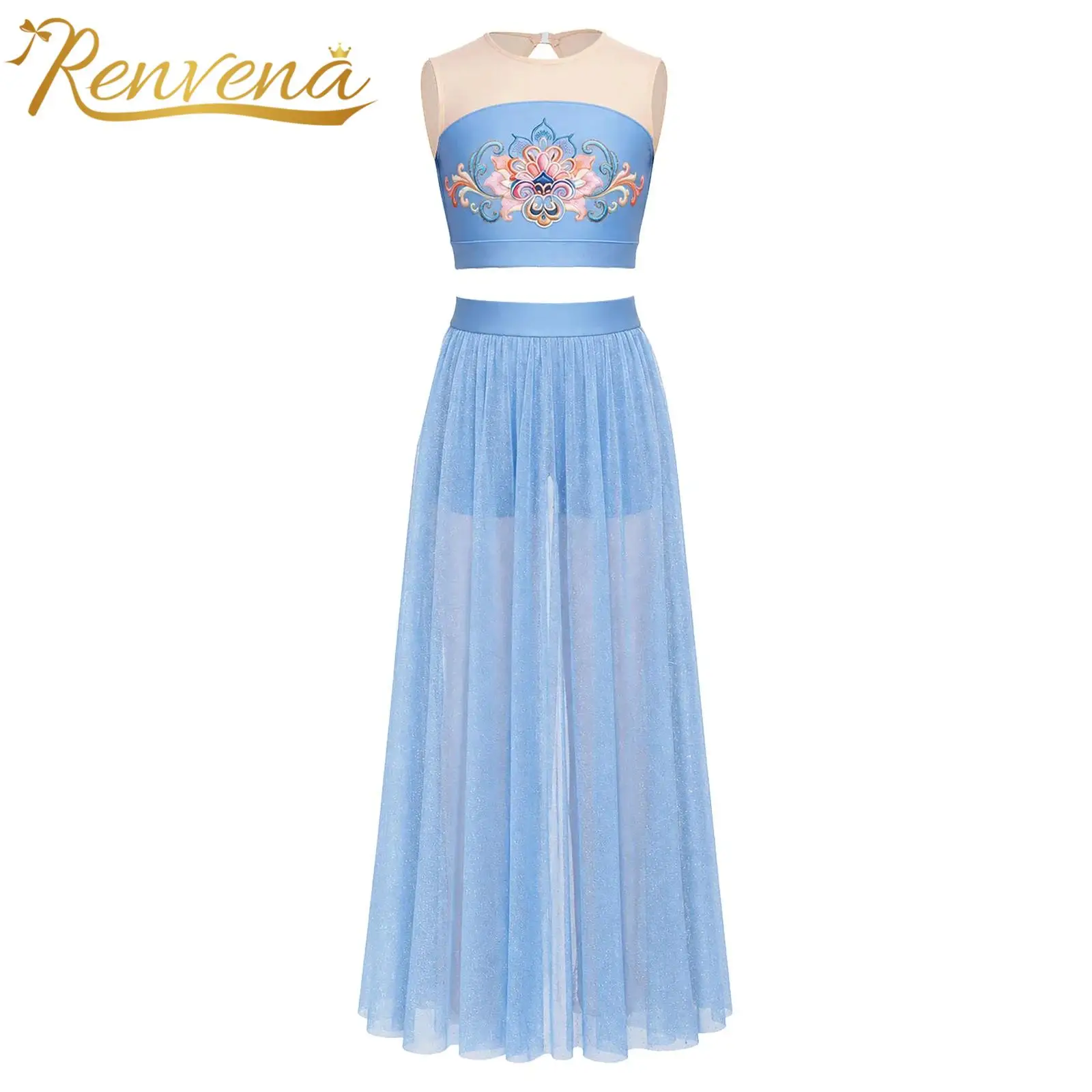 Kids Girls Elegant Modern Dancewear Childs Lyrical Dance Costume Crop Top with Shimmery Mesh Skirts for Stage Performance Sets