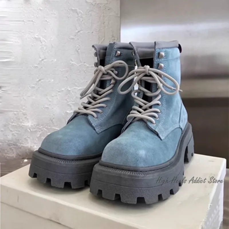 

Punk Style Studded Lace up Ankle Boots Women Round Toe Platform Low Heel Booties in Black\White\Blue\Grey Luxury Causal Shoes