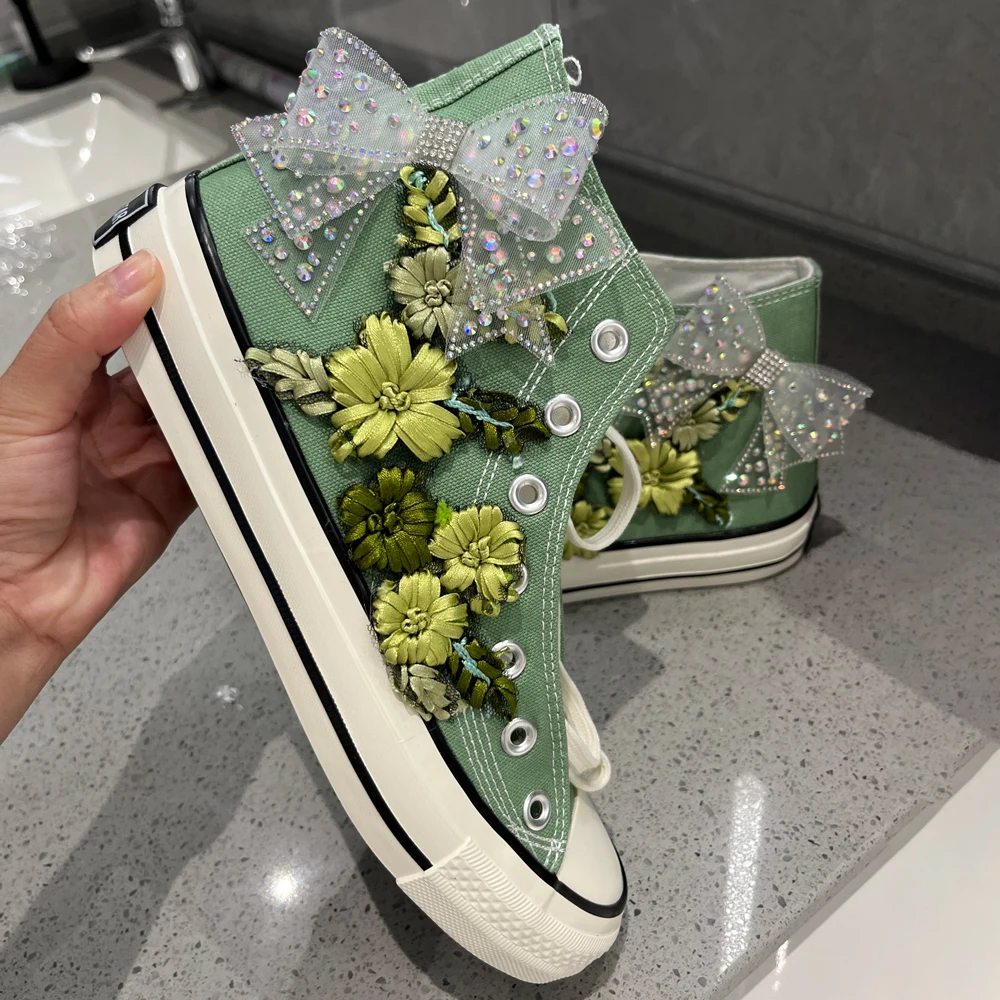 mambo Style Green Bow Embroidered Flowers Candy-colored Canvas Shoes very popular