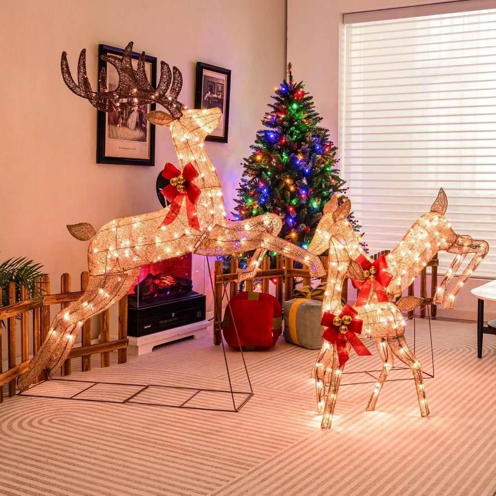 3 Pieces Lighted Christmas Reindeer, Holiday Reindeer Family Set with 255 Warm White Lights, Stakes, Indoor Outdoor Reindeer