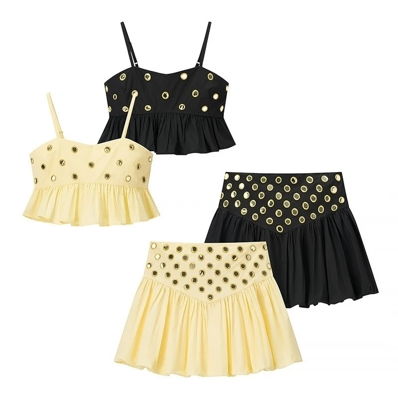 

Women's Metal Hollow Pleated Suspender Skirt Two Piece Set Sexy Sleeveless Vest High Waist Mini Skirt Lady Vacation Dress Sets