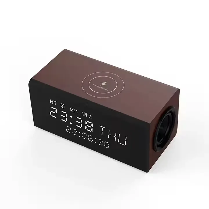 

NEW Arrival Custom Wooden BT Wireless Charging Charger Lamp Speaker Super Bass Mini Portable Wireless Speaker With Alarm Clock