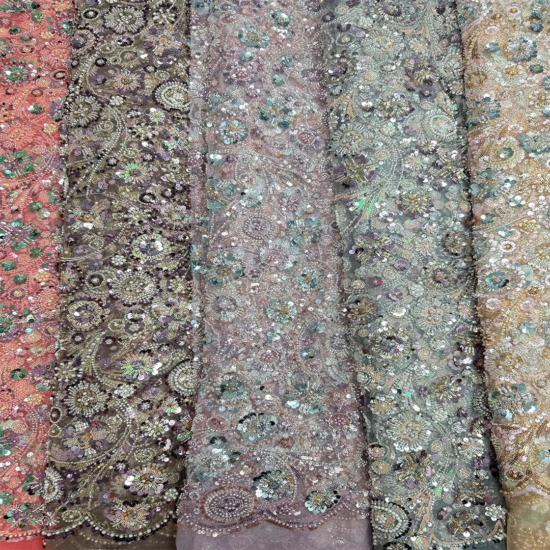 High-Quality Beaded Printing Embroidery with Stones Sewing Net Cloth Women Hot Sale 3D Beaded Lace Fabric Wedding Dress 2025