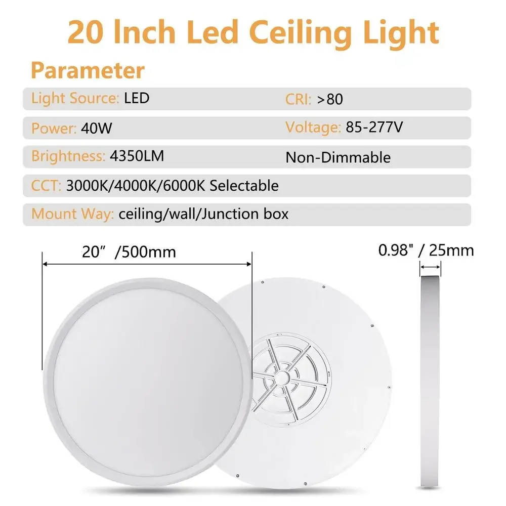 Lampu Plafon LED 20 Inci 40W 4350LM CCT Dapat Dipilih 3000K 4000K 6000K Ultra Tipis Hemat Energi