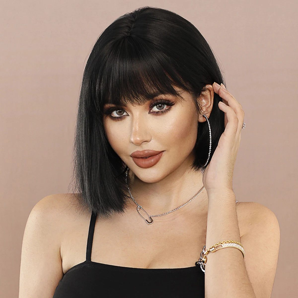 7JHH WIGS Short Straight Black Bob Wig for Women Daily Party High Density Synthetic Loose Hair Wigs with Bangs Natural Looking