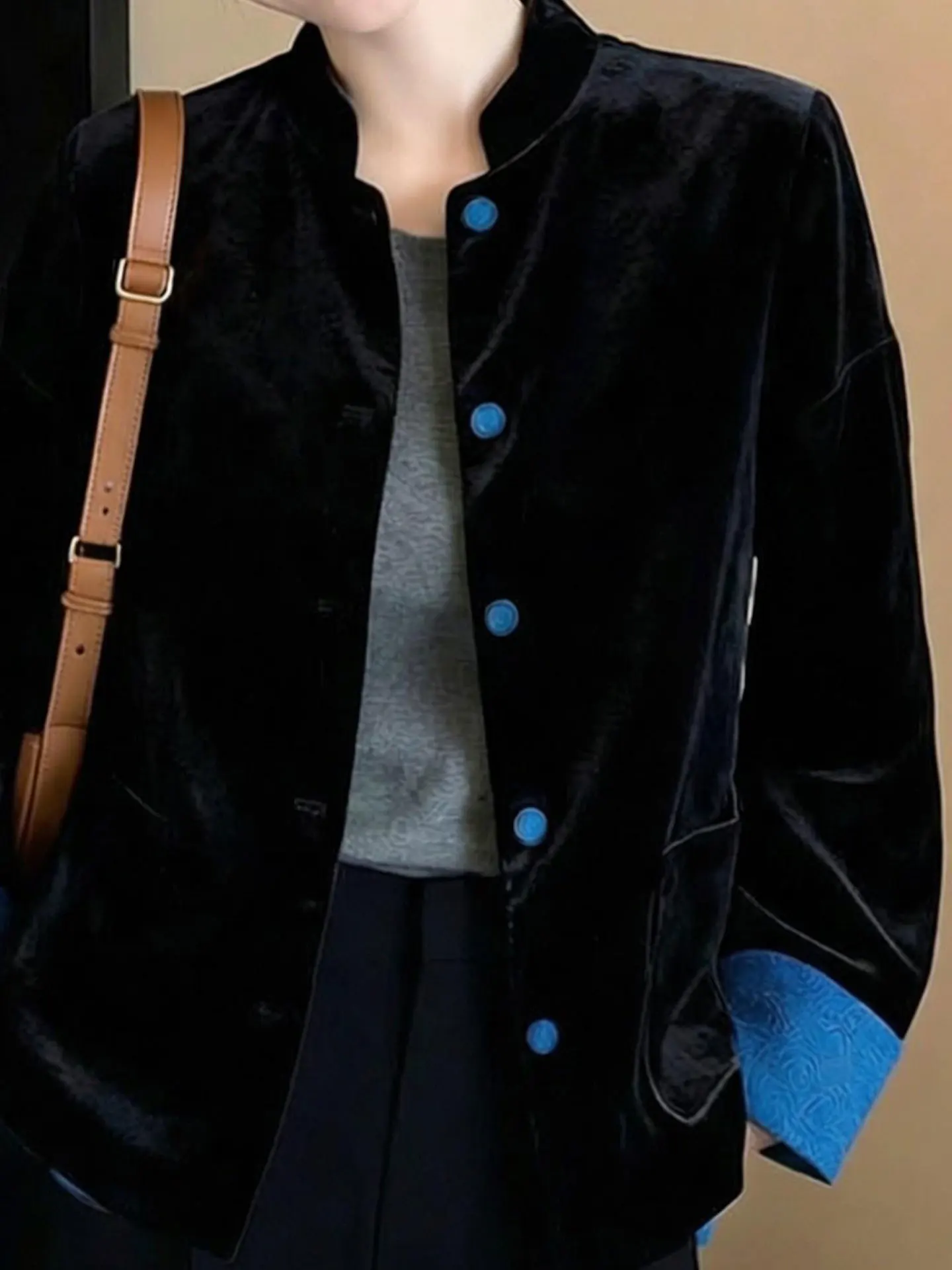 Picture 6: New Chinese Style Velvet Patchwork Jacket Women's Spring 2026 Black Stand Collar Button Double Sided Wear Commuting Top