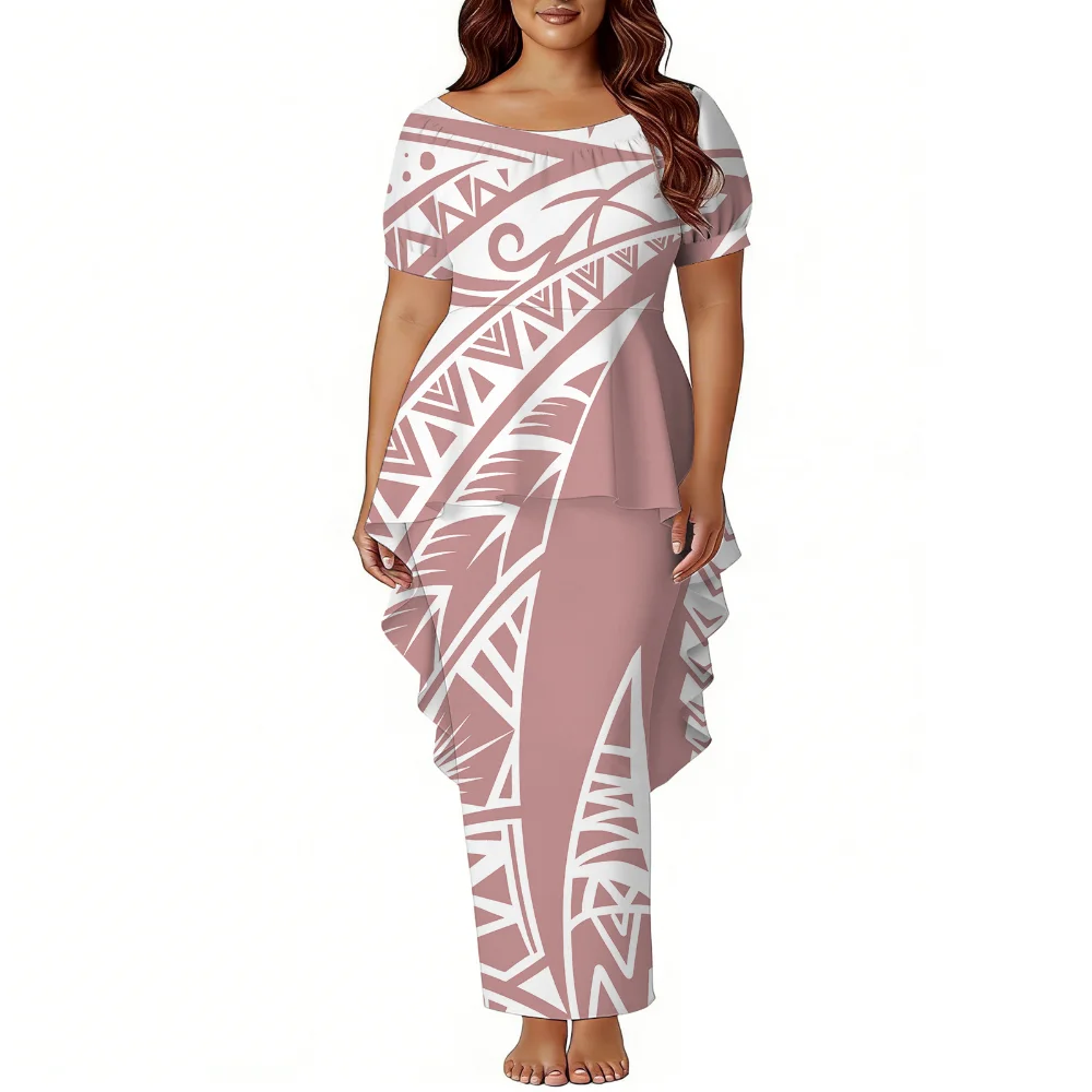 Polynesian Island-Style Women'S Short-Sleeved Puletasi Dress Set Elegant High-Waisted Top And Fitted Long Dress