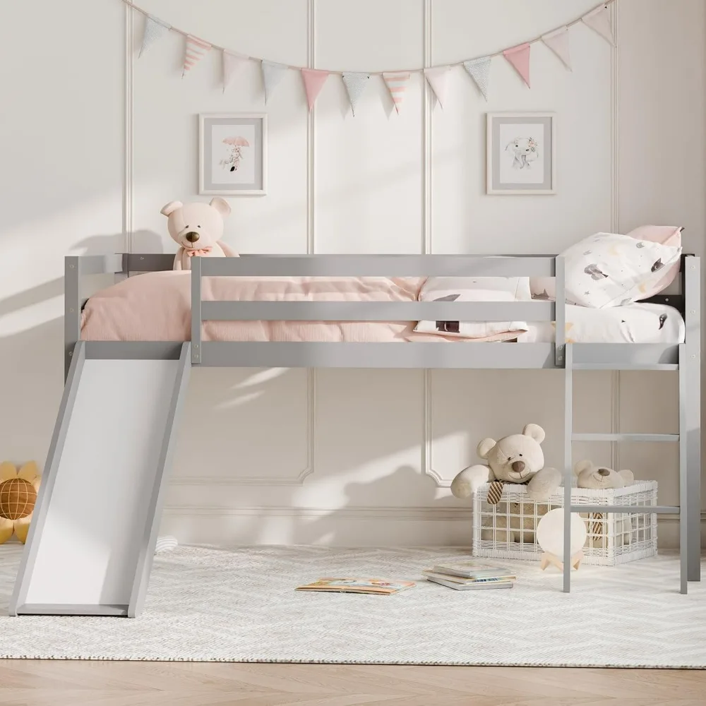 Twin Loft Bed, Toddler Loft Bed with Slide and Climbing Ladder & Safety Guard Rail, Lower Storage Space for Kids Toddler