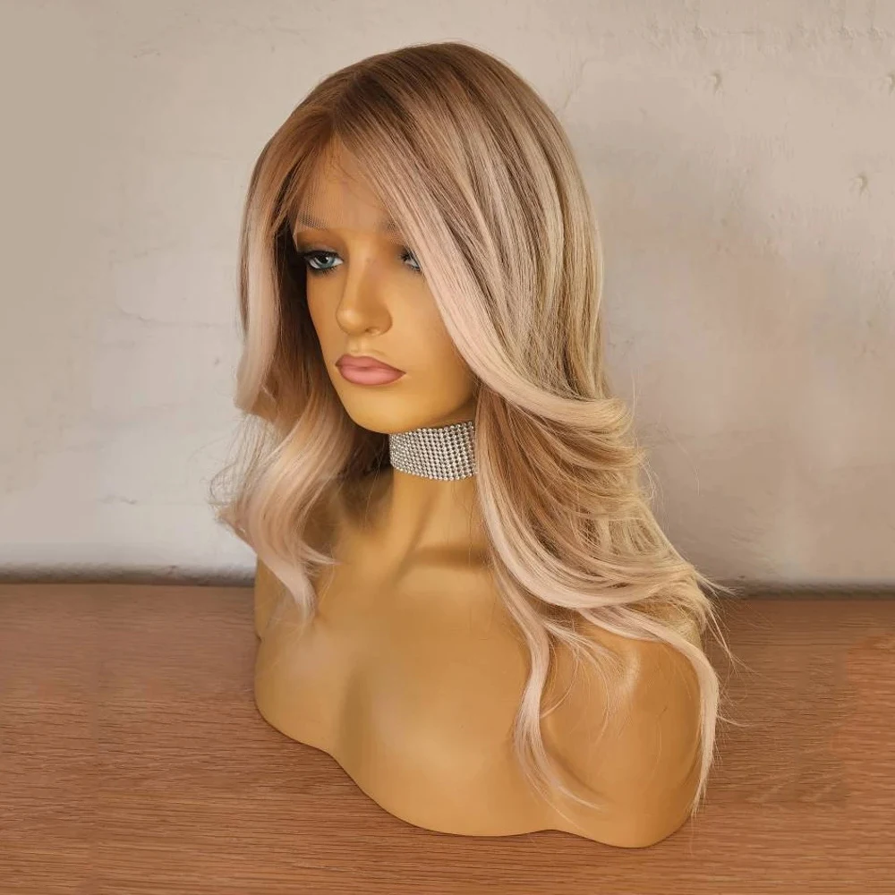 Perruque Lace Front Wig synthétique à reflets blonds, cheveux doux ondulés, racines caramel, qualité supérieure, chaleur, degré, 03/3