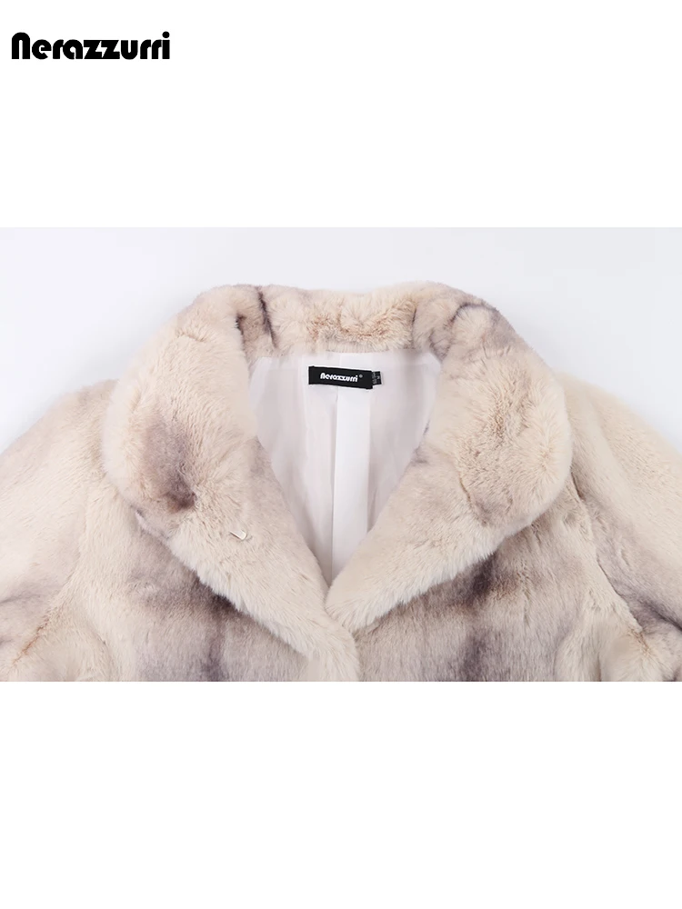 Nerazzurri Winter Colorful Thick Warm Gradient Faux Fur Coat Women Long Sleeve Loose Stylish Luxury Elegant Fluffy Jacket 2023