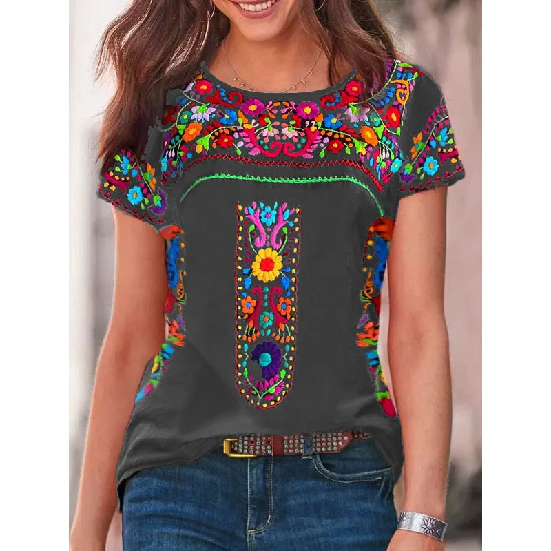 Camiseta de manga corta con cuello redondo y estampado bohemio para mujer, camiseta de comercio exterior de verano, estación independiente, top para mujer