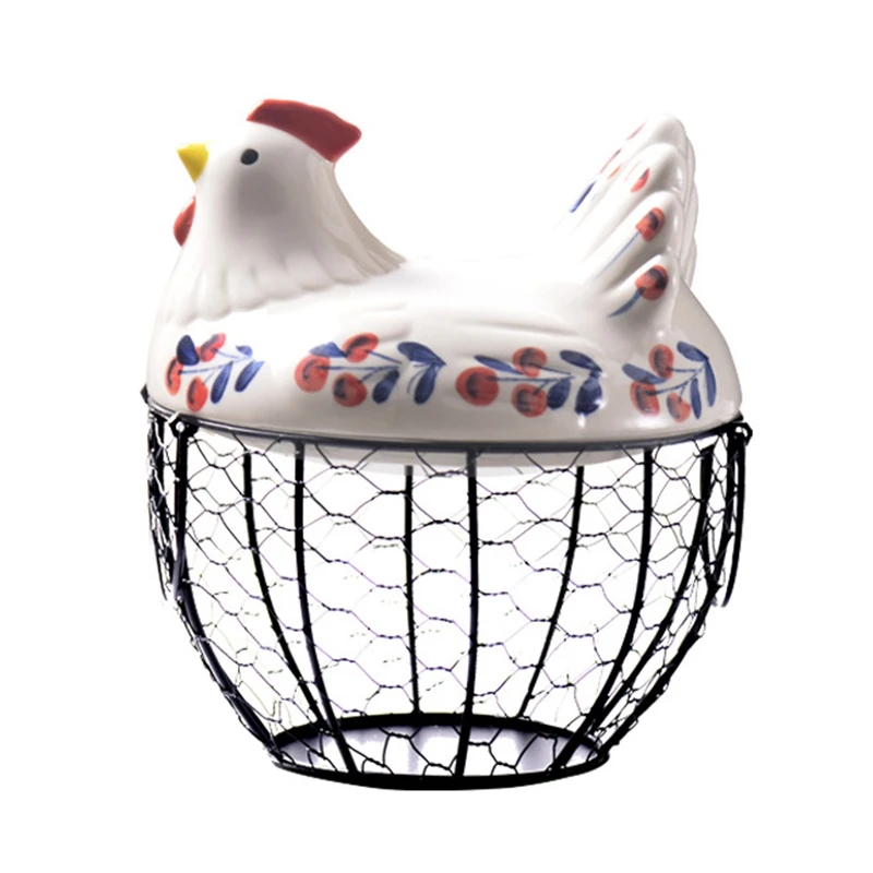 

Iron Egg Storage Basket Snack Fruit Basket Creative Collection Ceramic Hen Ornaments Decoration Kitchen Accessories