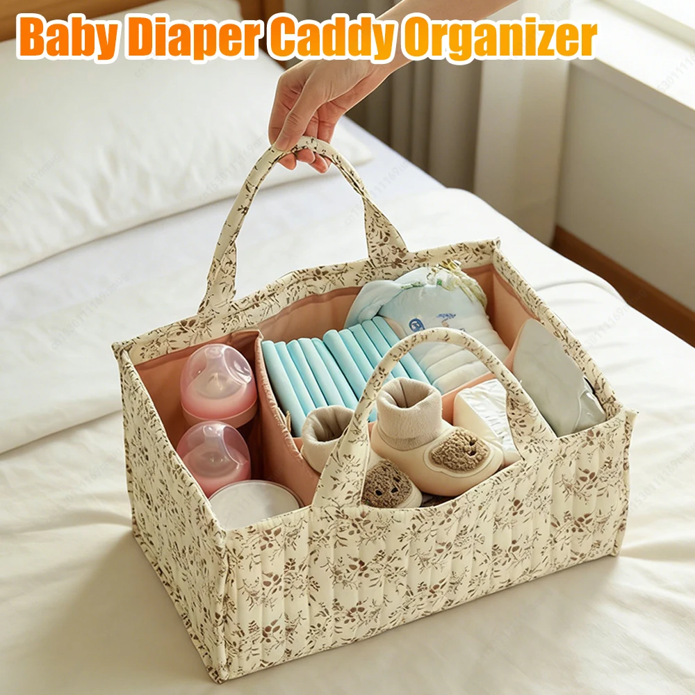 

Floral Quilted Baby Diaper Caddy Organizer for Changing Table Nursery Storage Basket for Diaper Wipes Toys Newborn Essentials