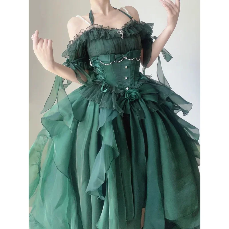 Green Flower wedding dress cos lolita dress suit Lolita heavy industry Trail puffy princess dress, Lolita cosplay