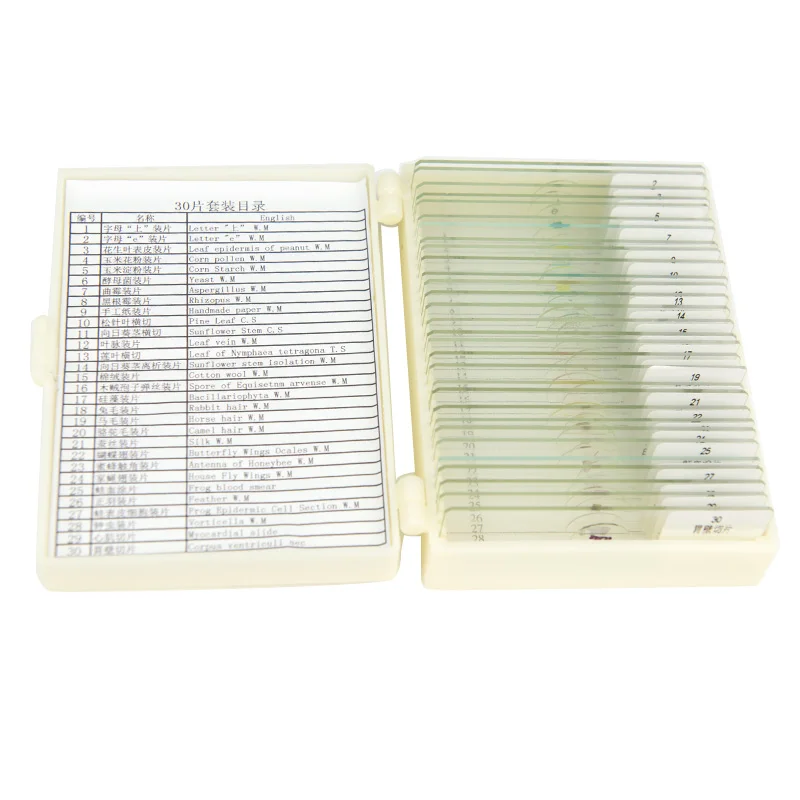 30PCS Microscope Prepared Slice Animal Plant Human Insect Specimen Glass Slides with Plastic Box