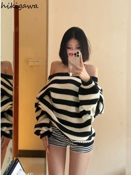 Casual Striped Women Pullovers Oversized Tops Sueter Mujer Slash Neck Sexy Jumper Chic Knitted Sweater 2025 Fall Winter Clothing 3