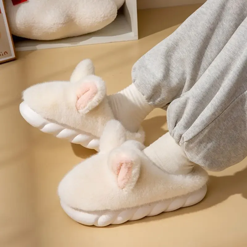 Cute Rabbit Ear Cotton Slippers Women Warm Faux Fur Indoor Shoes thick Sole Female Winter Platform Slides Home Fluffy Footwear