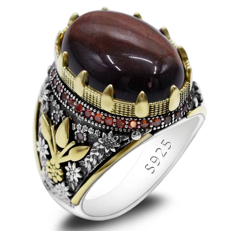 S925 Pure Silver Men's T ü rkiye Handmade Ring Natural Red Tiger Eye Stone Retro Punk Fashion Luxury Women's Jewelry Set Gift