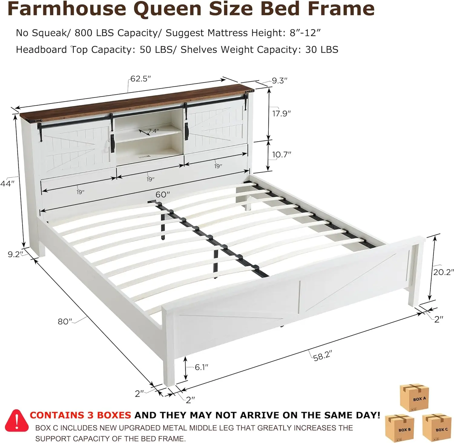 Cadre de lit Queen Size avec bibliothèque de rangement, planche de sauna, porte de grange market, station de charge, lit plateforme en bois rustique