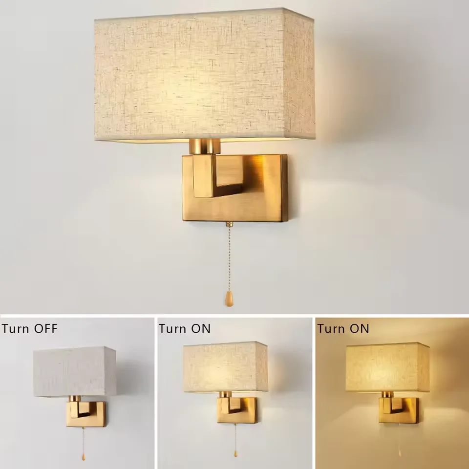 2PCS Wall Lamp Rectangle White Yellow Fabric Shade Wall Light LED Copper Lamp Body Lighting Stair Hotel Corridor Living Room