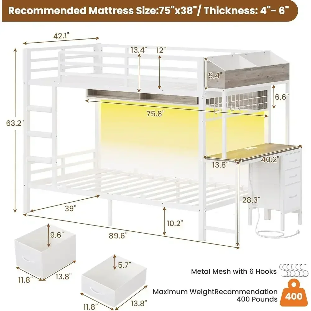 Twin Over Twin Bunk Bed with Desk, 3 Drawers, Charging Station, LED Lights, Storage, Heavy Duty Metal, White