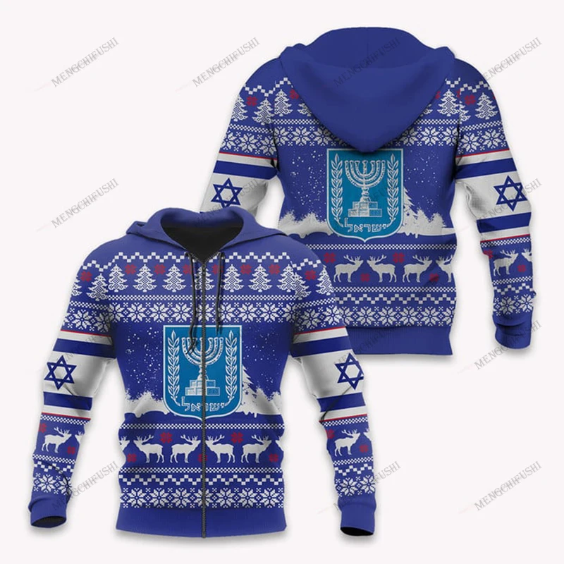 

Custom Name Israel Emblem Christmas Zipper Hoodies Unisex Oversize Sweatshirts Winter Casual Streetwear Tops Pullover