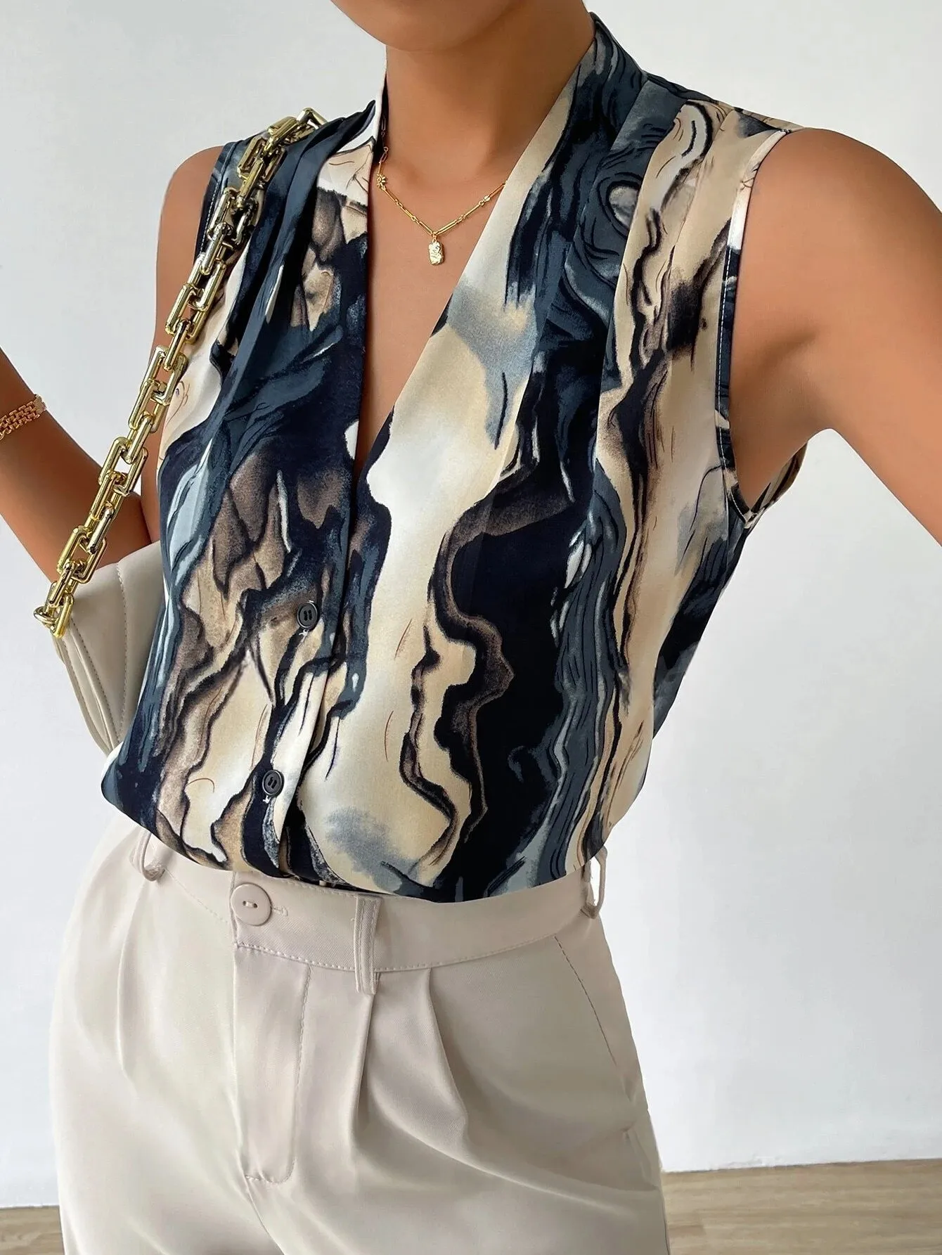 Ladies Marble Print Button Front Work Women Shirts Blouse Tops