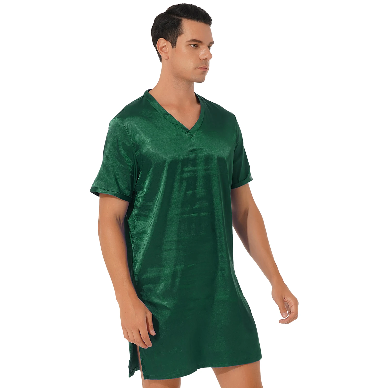 Men Women Satin Nightgown V Neck Short Sleeve Sleepwear Nightclothes Homewear Sides Split Nightwear Silk Satin Nightshirt