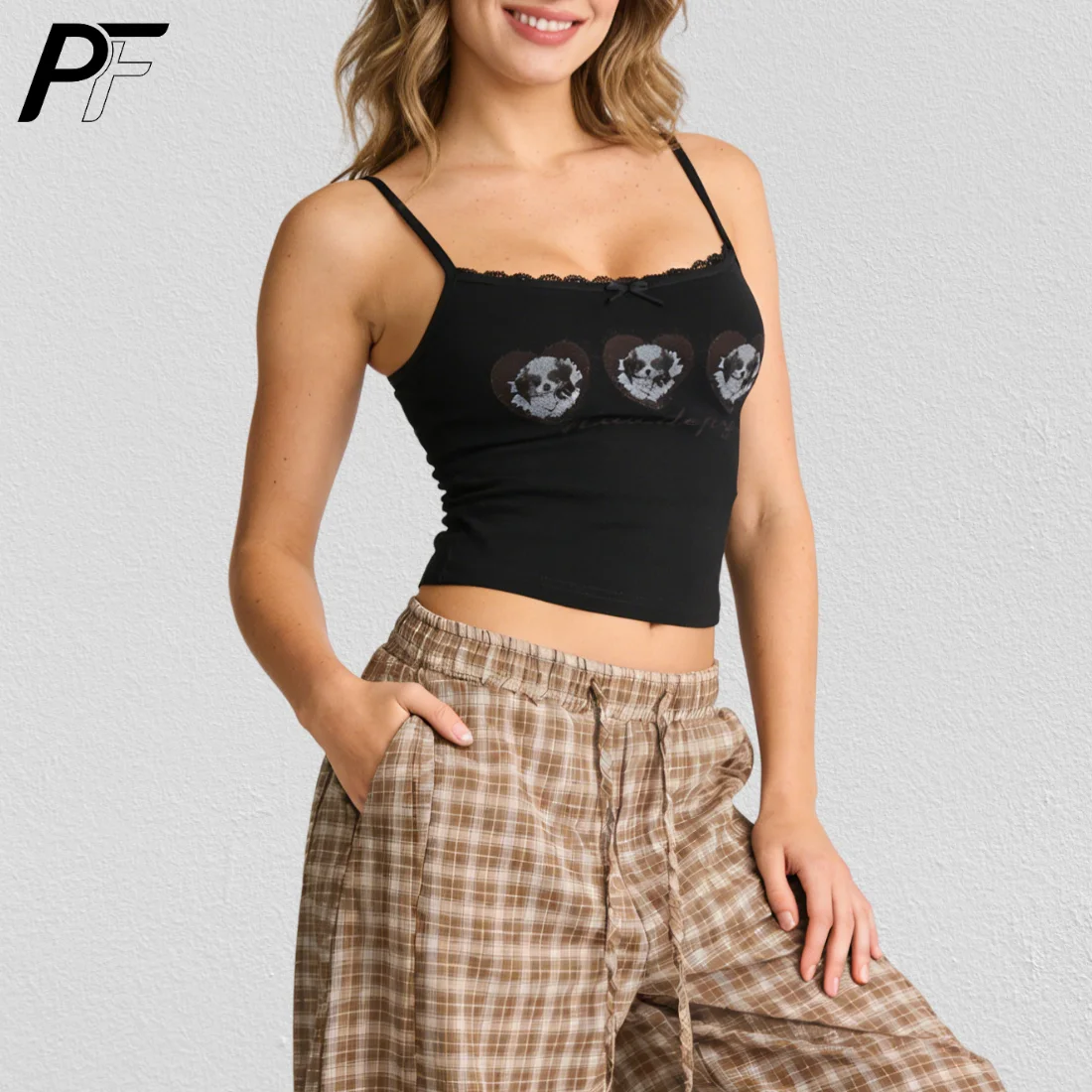 

Готический кроп-топ на тонких бретелях с кружевной отделкой, женский, в стиле Y2K, с принтом черепов и сердец, облегающий, без рукавов, винтажный гранж-камизол для девушек