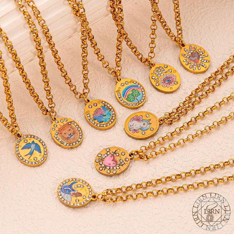 

2025 New Necklace Stainless Steel Gold Color Plated Metal Tarot Enamel Pendant INS Painting Choker for Women Jewelry