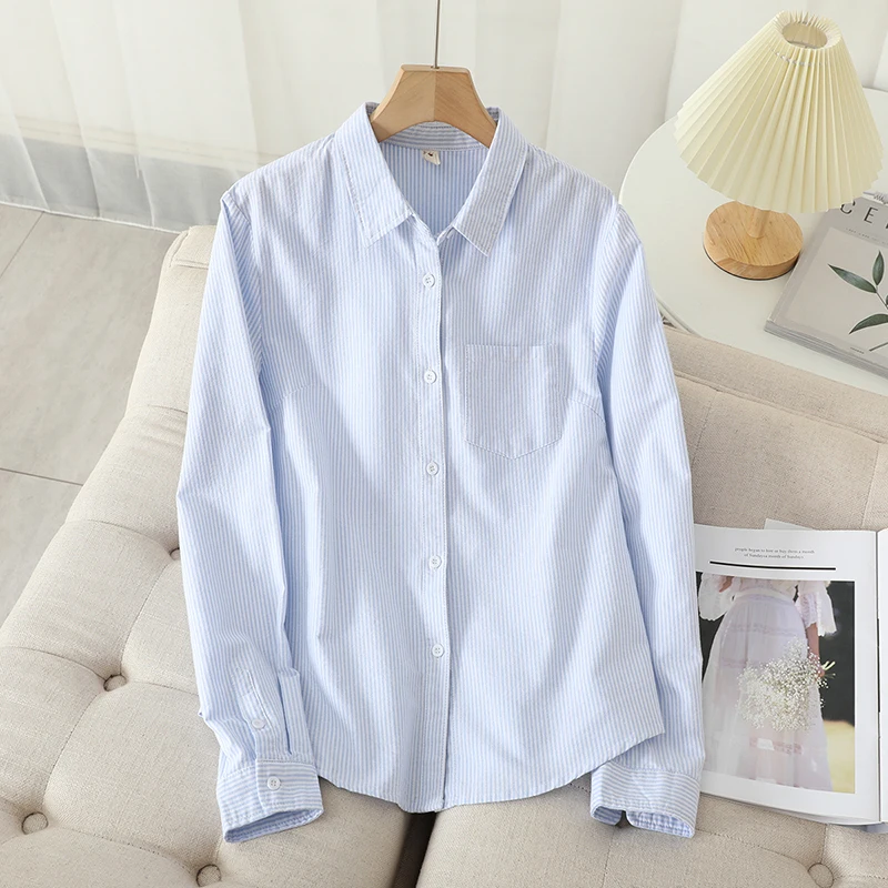 Women\'s Casual Cotton Oxford Shirt 2023 New Woman Striped Blouse and Tops Simple Solid Lady White Blue Shirts Clothes