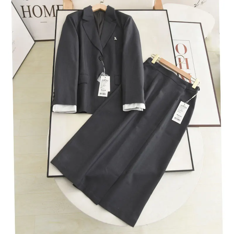 

Ele ey Suit Set with Midi Skirt Two-Piece Women's Faion Commute Sle Autumn Collection Long Coat by System