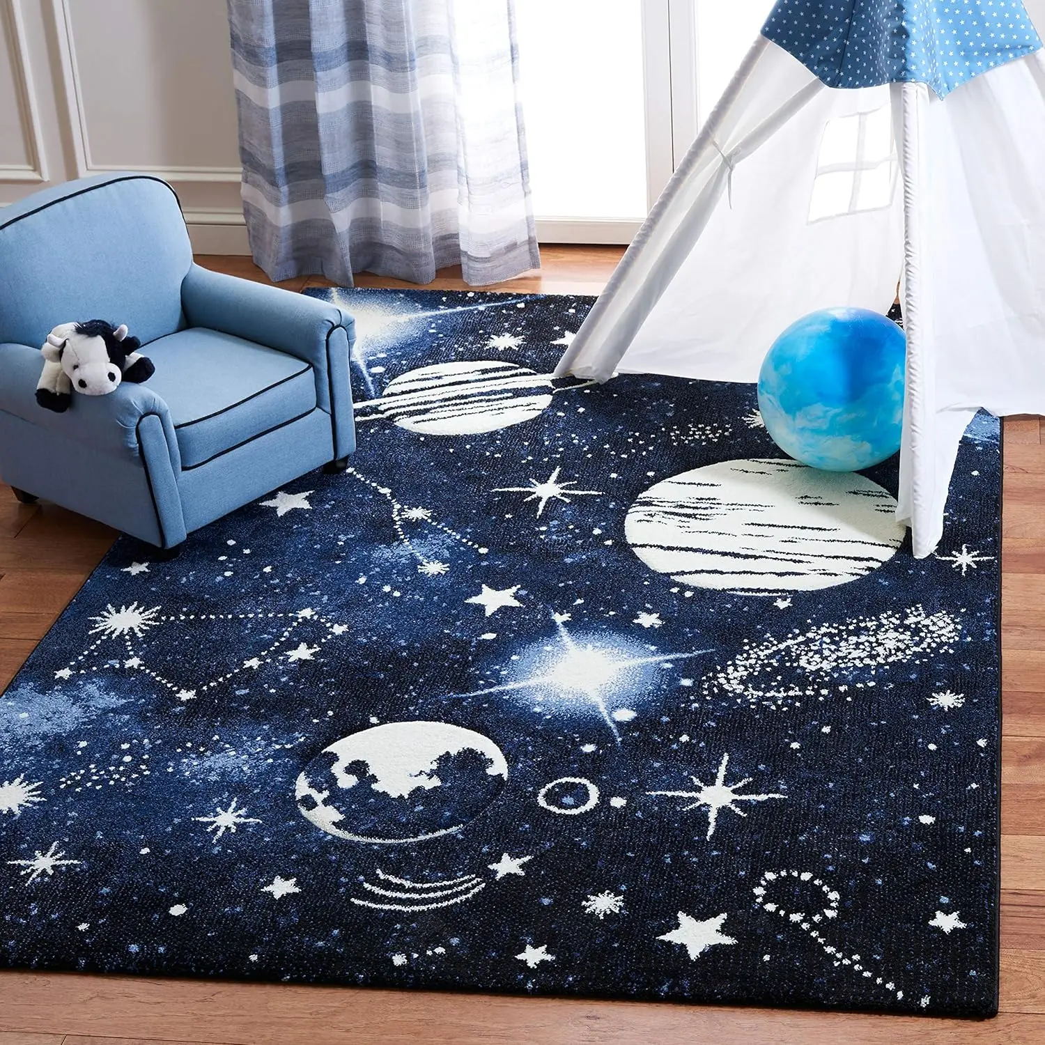Kids' Playroom Rug 6'7" x 9', Dark & Light Blue, Non-Shedding & Easy Clean for High Traffic Areas view 2